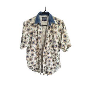 VTG 90s Quizz New York Sunflower Print Denim Collar Shirt Medium Cotton